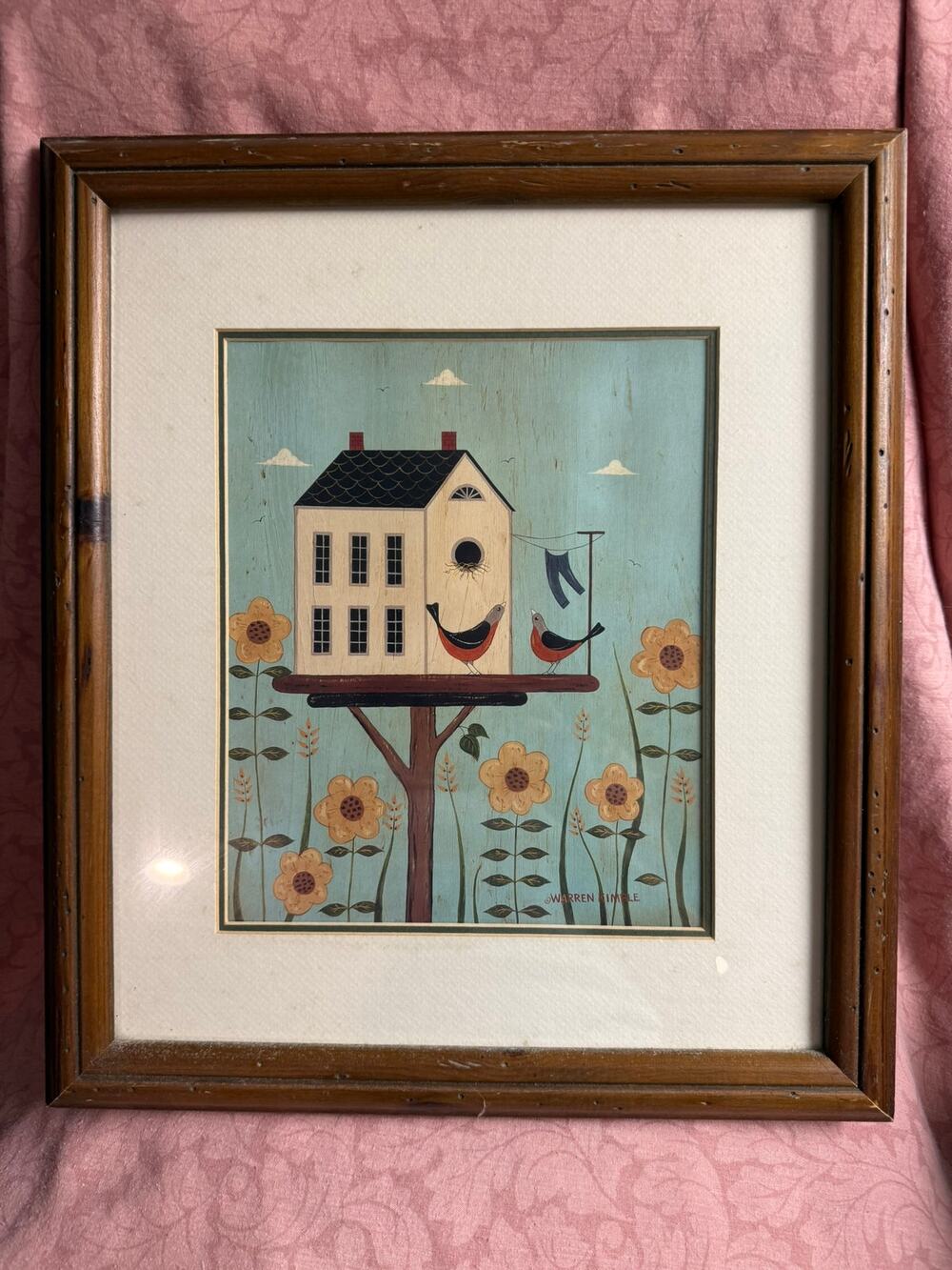 Warren Kimble American Folk Art Red Birds W/ Yellow Flowers And Birdhouse Framed